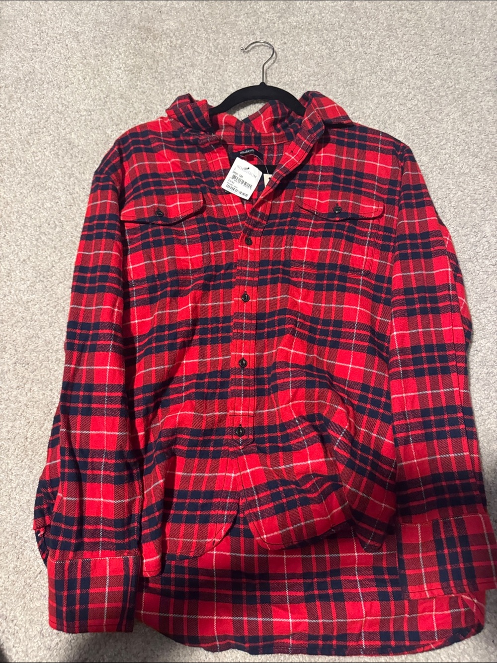 Madewell Red and Black Plaid Button-Up Hooded Flannel